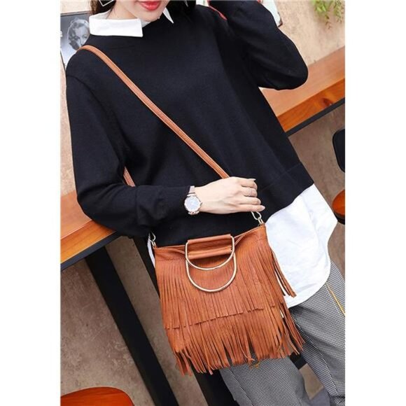 Brown Fringe Tassel Fringe Crossbody Bag Leather Shoulder Bag Hobo Handbag Purse - Picture 3 of 4
